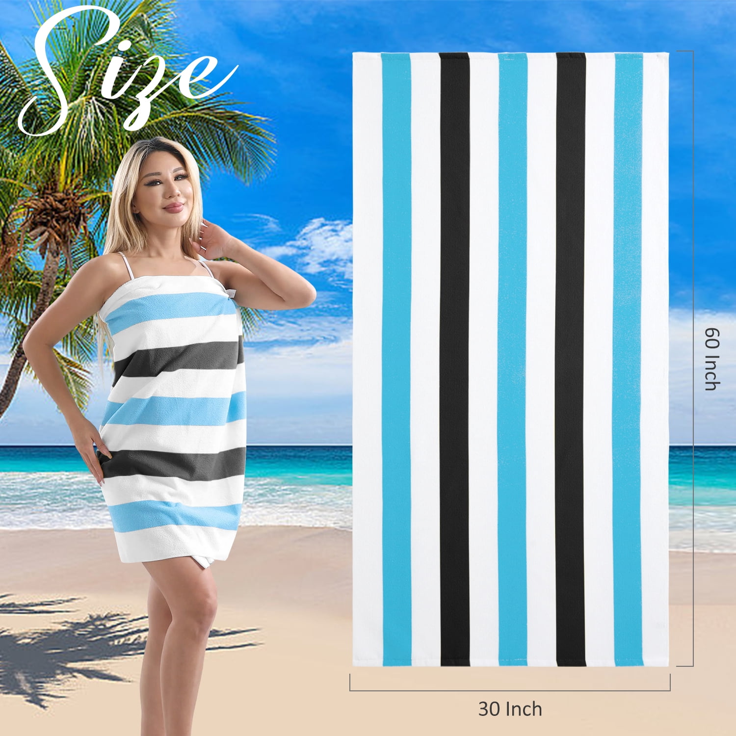 Smuge 4 Pack Cabana Stripe Beach Towels, 60x30 inches Microfiber Lightweight Outdoor Large Swim Towel for Adults (Blue Black)