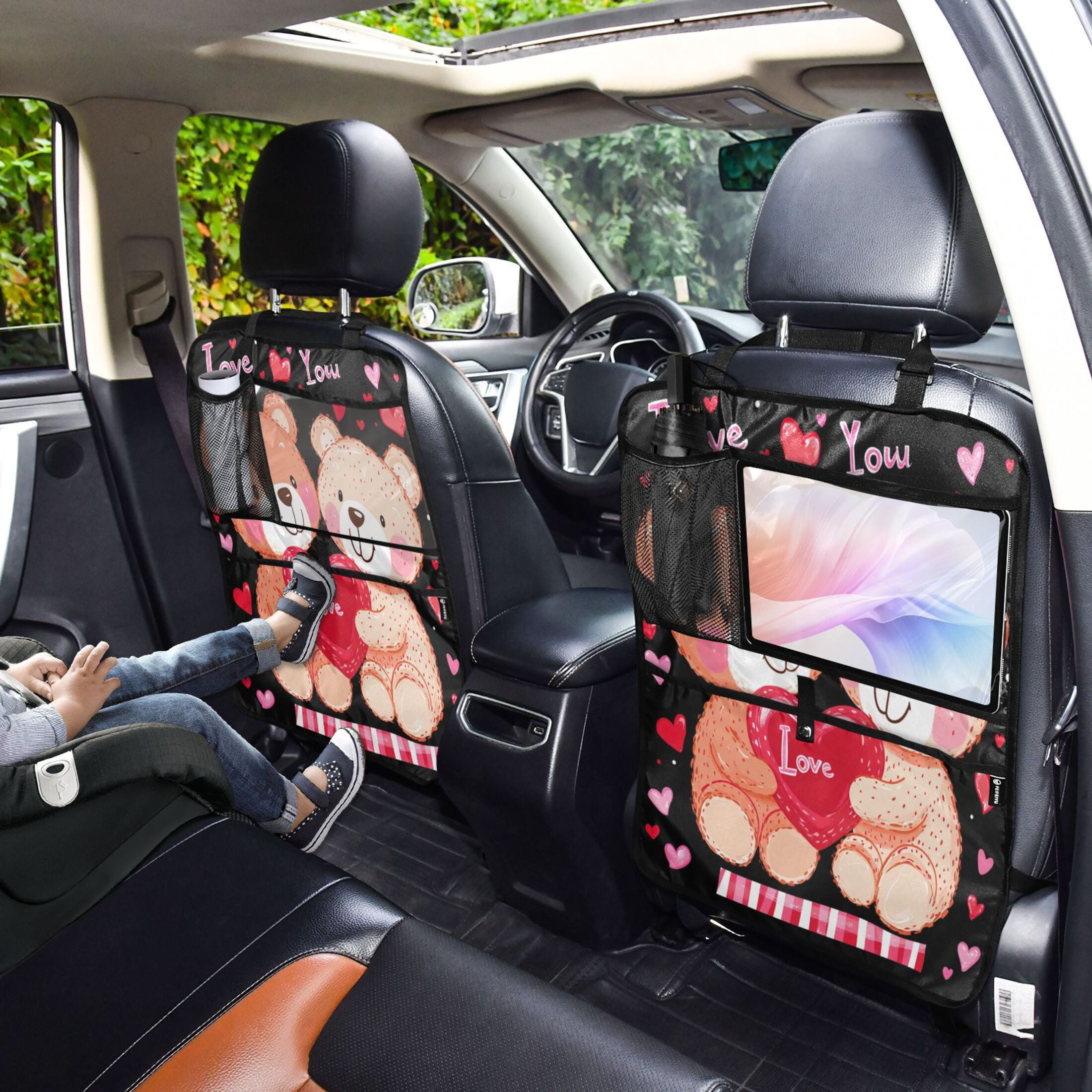 WOBOGO Cute Teddy Near Couple Pattern Backseat Car Organizer 2 PCS Footed Universal Car with Touch Screen Tablet Holder Rear Seat Protector