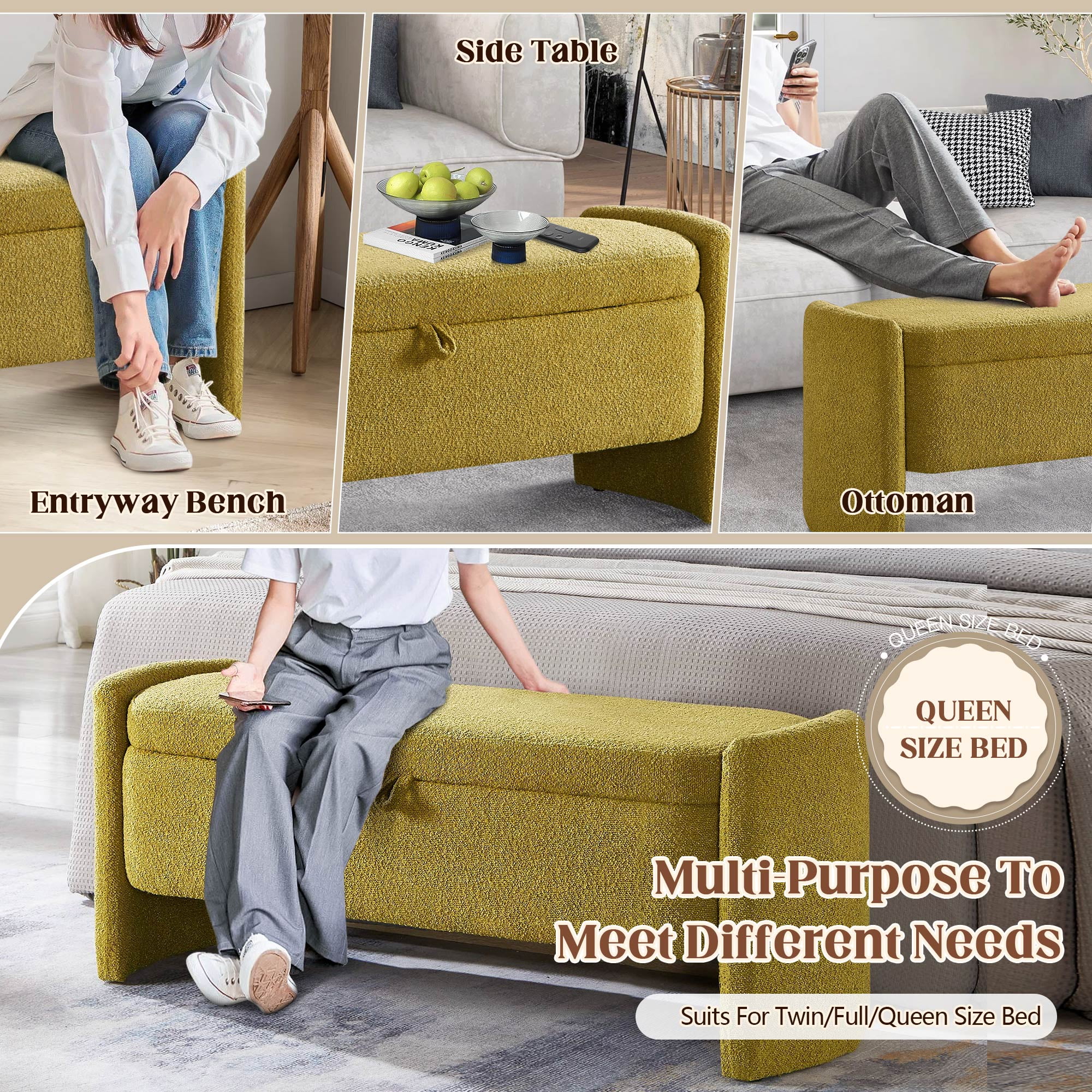 Lunale 41.73" End of Bed Storage Bench, Teddy Upholstered Storage Ottoman Benches for Bedroom, Green