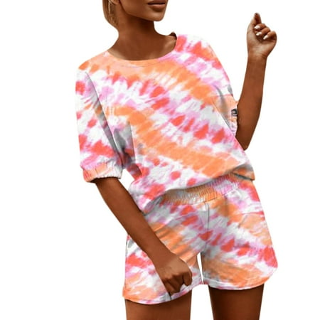 

Qufokar Soft Pajama Sets for Women 2 Piece Ladies Swimsuits With Skirts Women Tie Dyed Prints Two Piece Outfits Casual Sport Running Short Sleeve Shirt Tops Short Pants Set