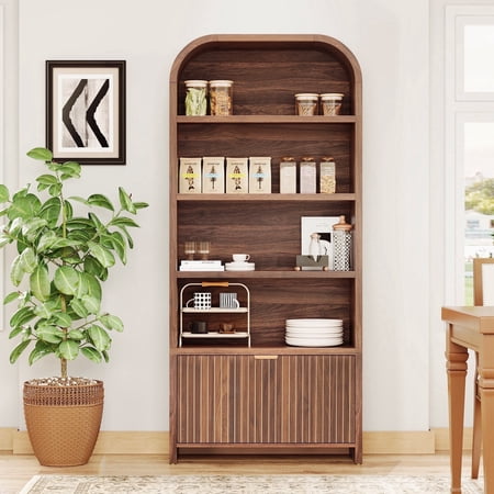 YOCWO 70" Tall Arched Bookcases with 1 Large Drawers & 4 Shelves, Wooden Bookshelf with Carved Line and Curved Top for Living Room Office, Walnut