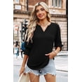 thumbnail image 3 of Camiseta WIHOLL para mujer, manga 3/4, cuello en V, plisada, negra, talla grande, 3 of 5