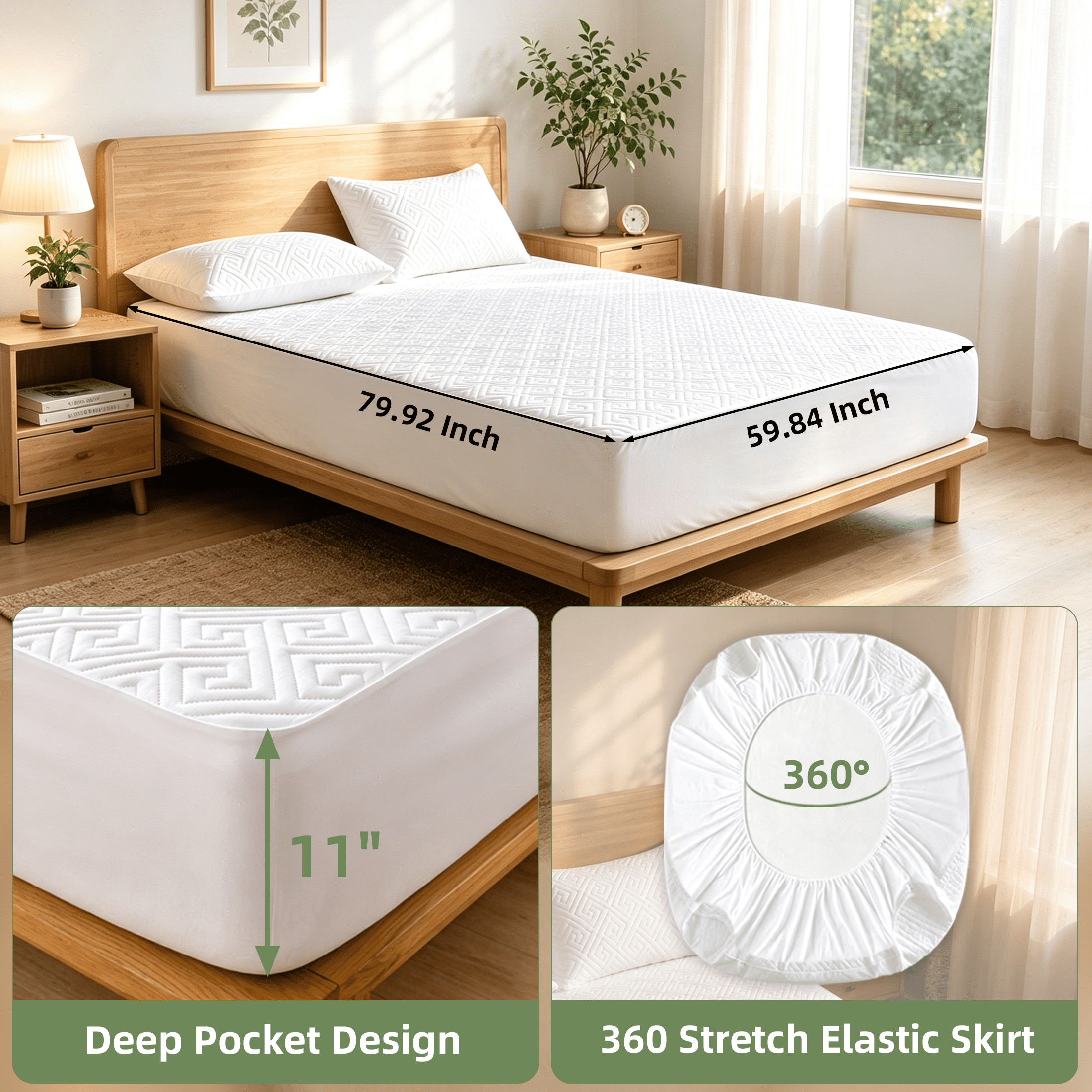 GARITIN Queen Waterproof Mattress Protector, Breathable Mattress Cover with 11 Inch Deep Pocket Elastic Skirt, Washable Bed Mattress Pad for Kids Pets Bedroom