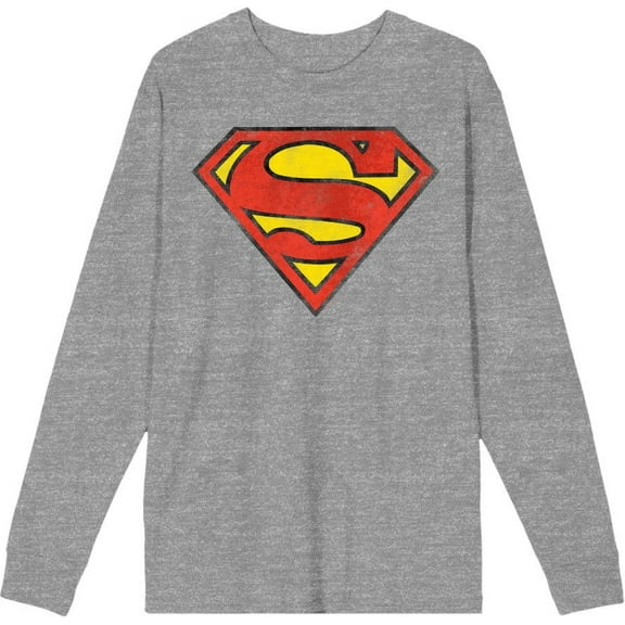 Superman Logo Adult Heather Gray Crew Neck Long Sleeve Tee-Medium