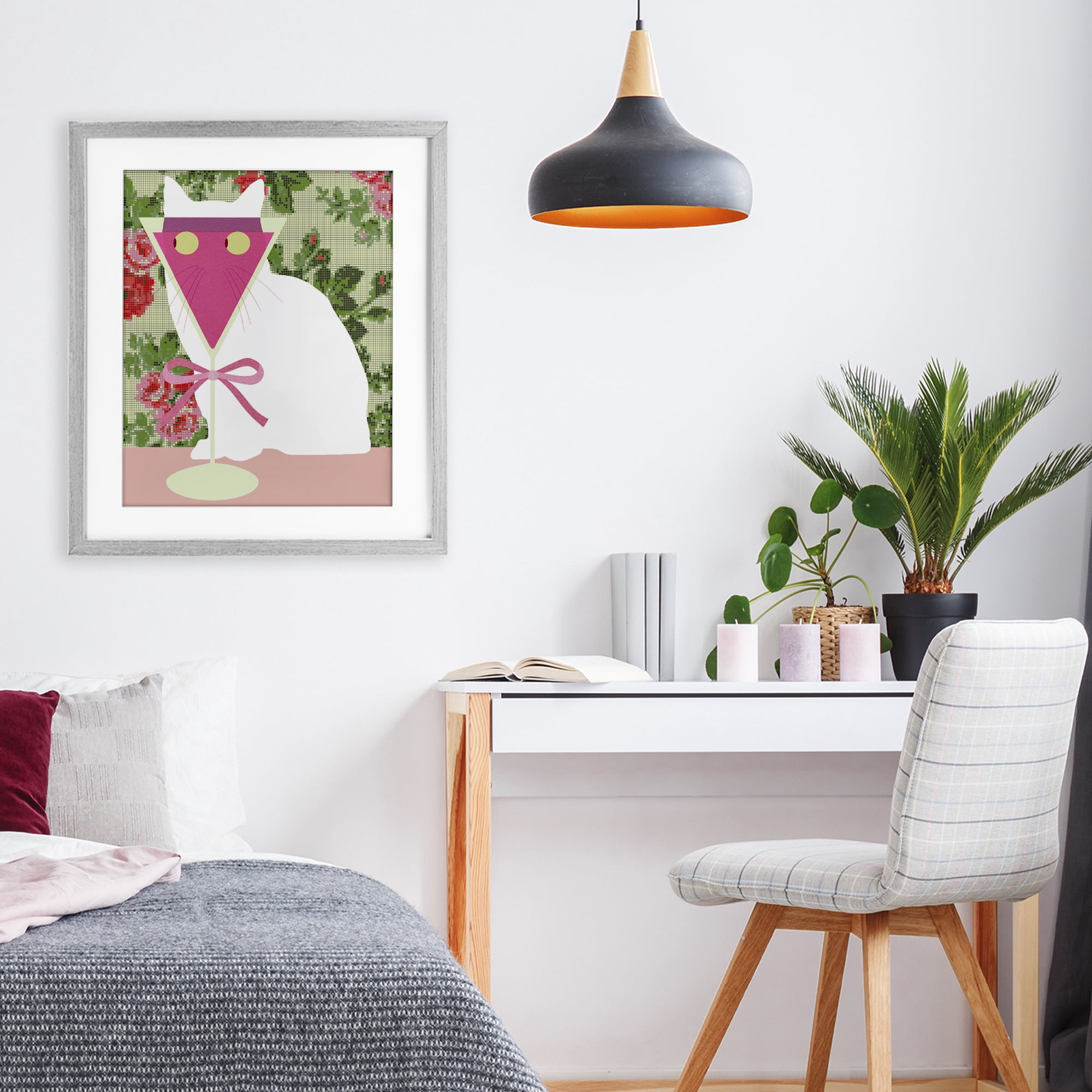 Stupell Industries White Cat with Pink Martini Gray Framed Print Under Glass, design by Lil' Rue