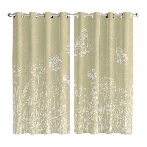 Curtains 63 Inch Length 2 Panels, Brown Wildflowers Grommets Window Treatment Curtain, Modern Floral Butterfly Plant Thermal Curtains Drapes for Living Room/Bathroom