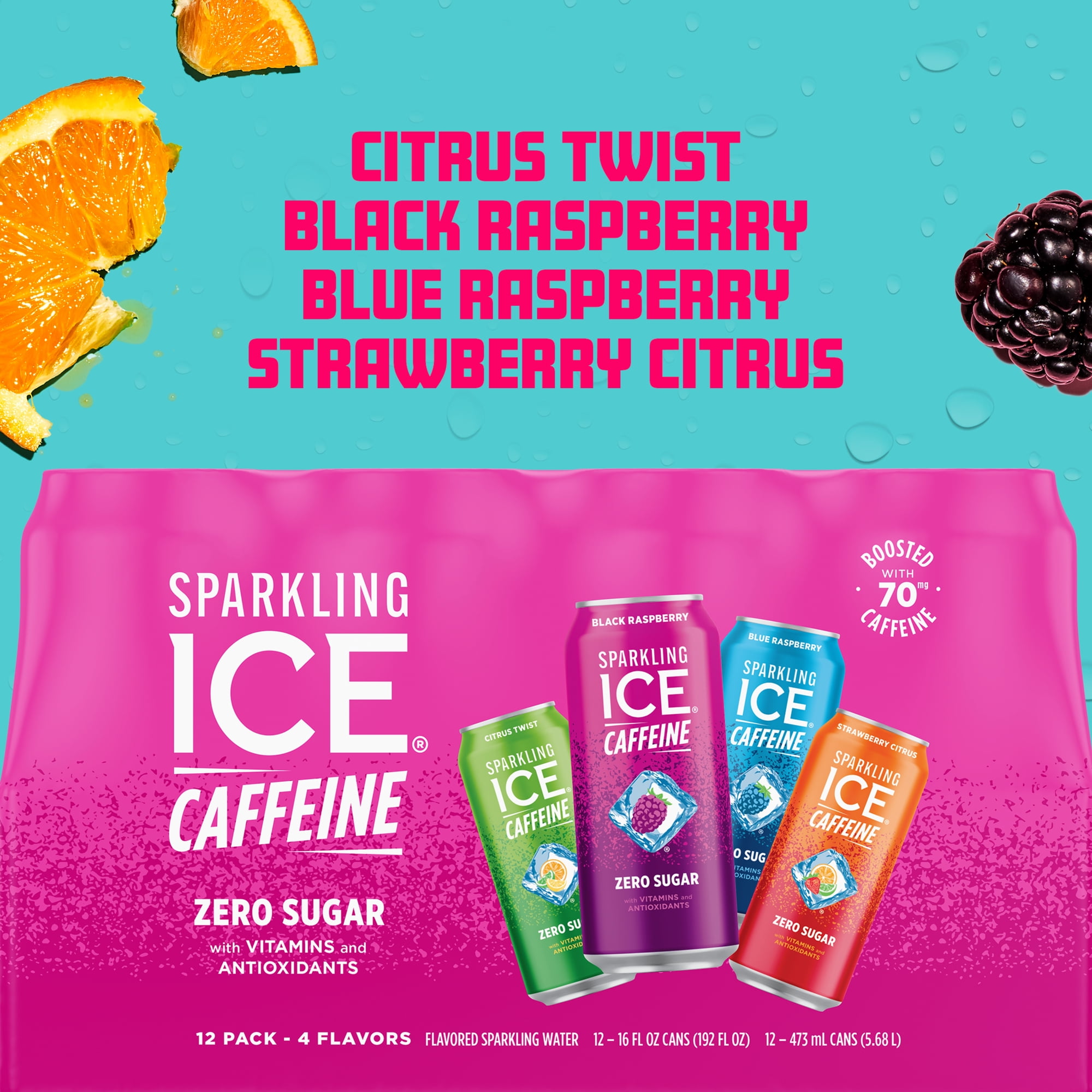 Sparkling Ice Caffeine, Variety 12 PK: Black Raspberry/Blue Raspberry/Strawberry Citrus/Citrus Twist, 16oz