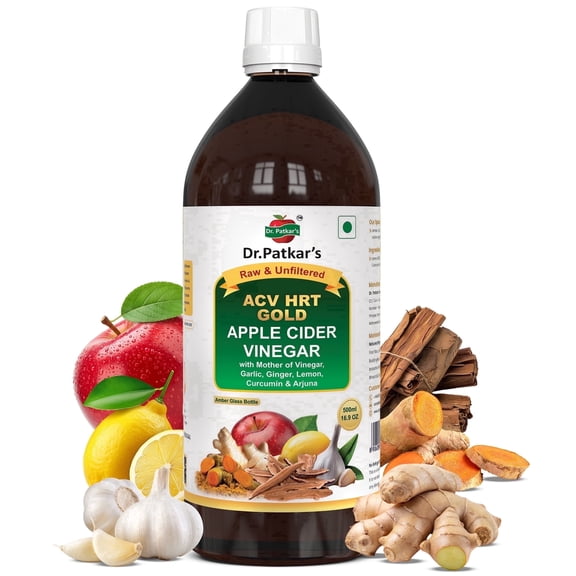 Dr. Patkar's ACV HRT GOLD Apple Cider Vinegar with Arjuna, Curcumin, Ginger, Garlic & Lemon | 2X Formula Health Shot | Raw & Unfiltered (500 ml)