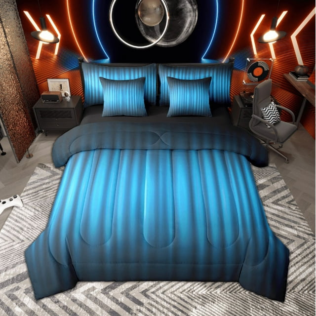 Manfei Black Blue Bedding Comforter Set, Neon Gradient Stripe King Bedding Sets, Modern Abstract Geometry Bed Sheets, Breathable Home Decor Reversible 7 Pieces