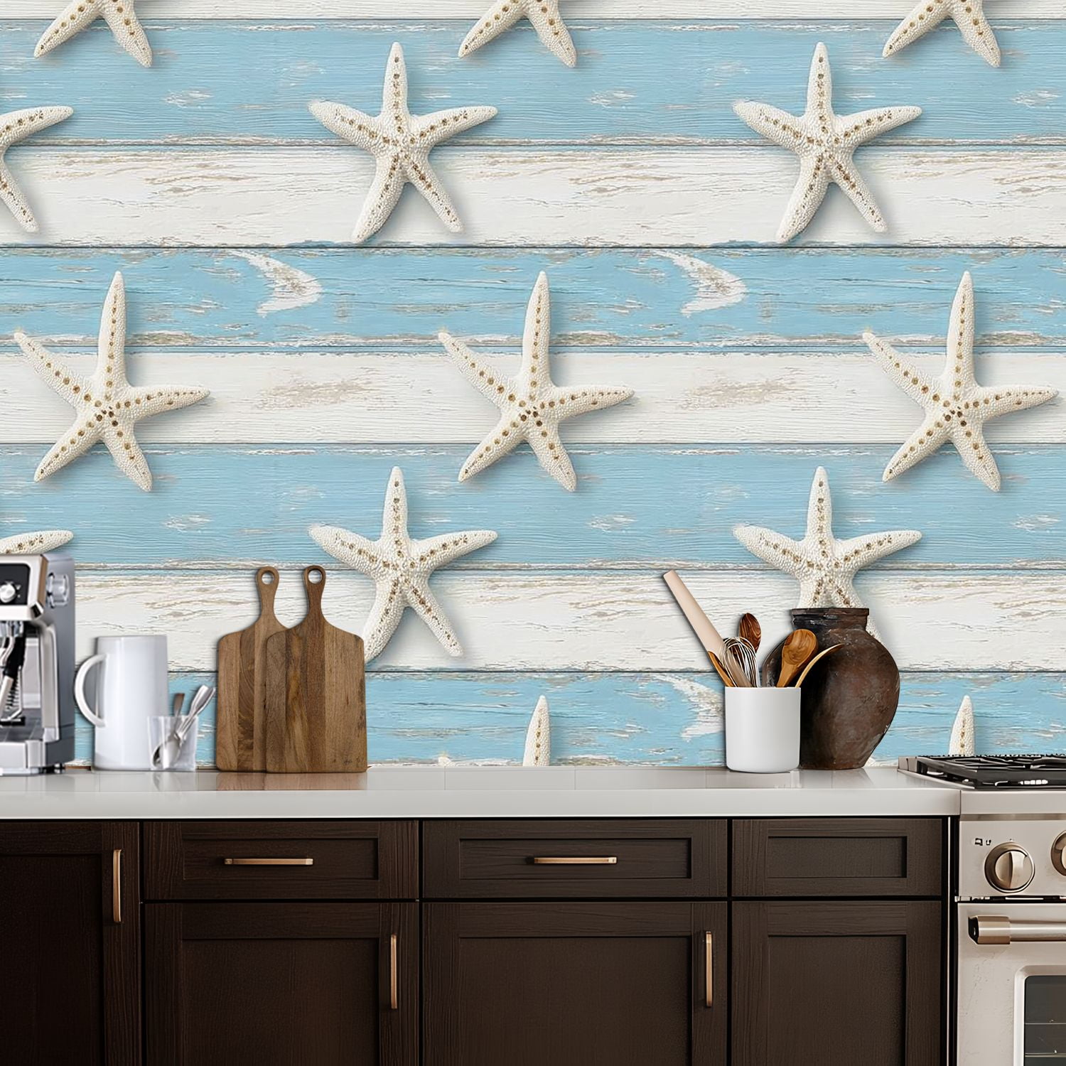 Coastal Peel and Stick Wallpaper Starfish Wooden Blue White Beach Style Contact Paper 17.7in x 9.8ft Wallpaper Removable Self Adhesive Wall Paper for Bedroom