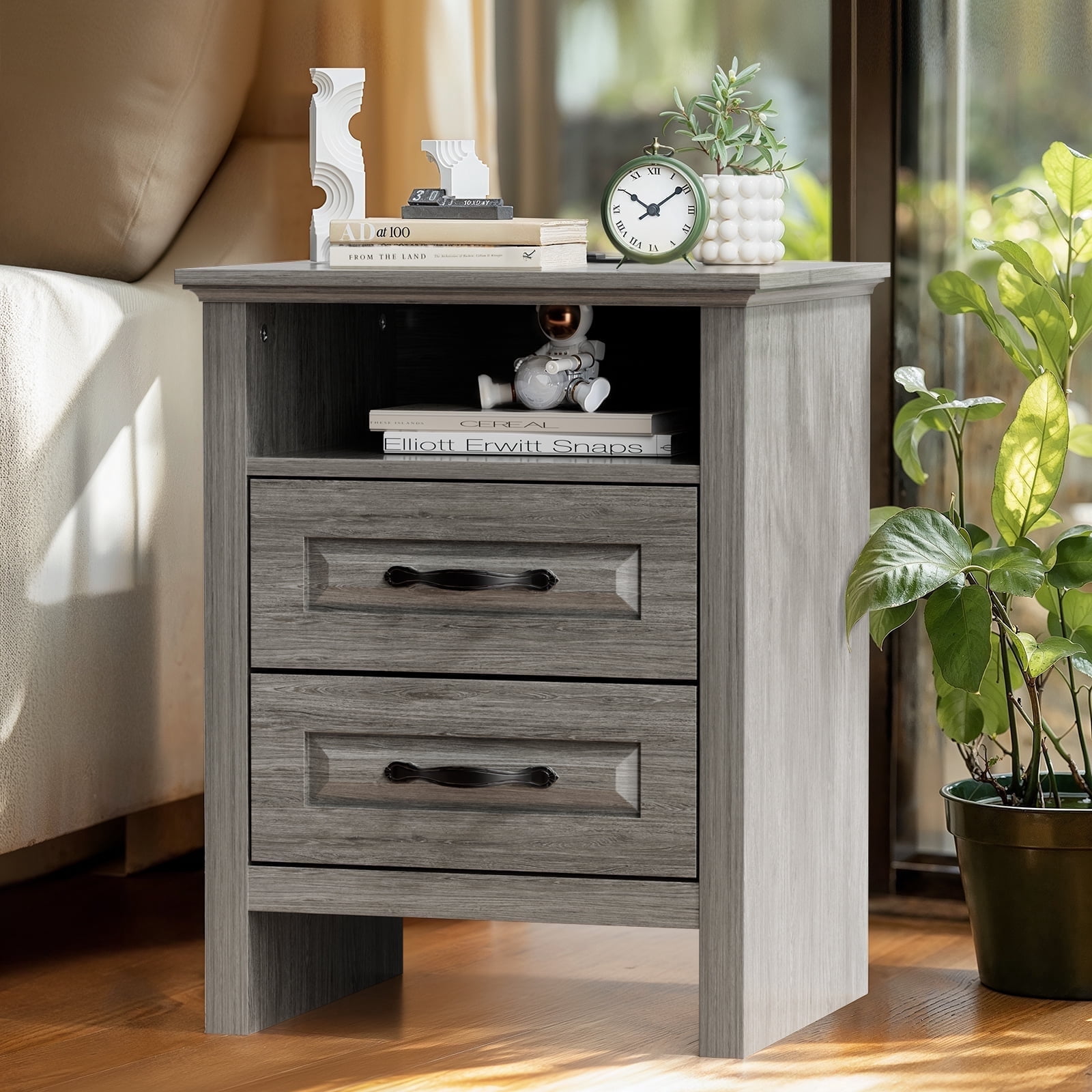 CHITOOMA 2-Drawer Nightstand with Charging Station, Farmhouse Bedside Table with Open Shelf, Small Wood End Table for Bedroom Living Room, Gray