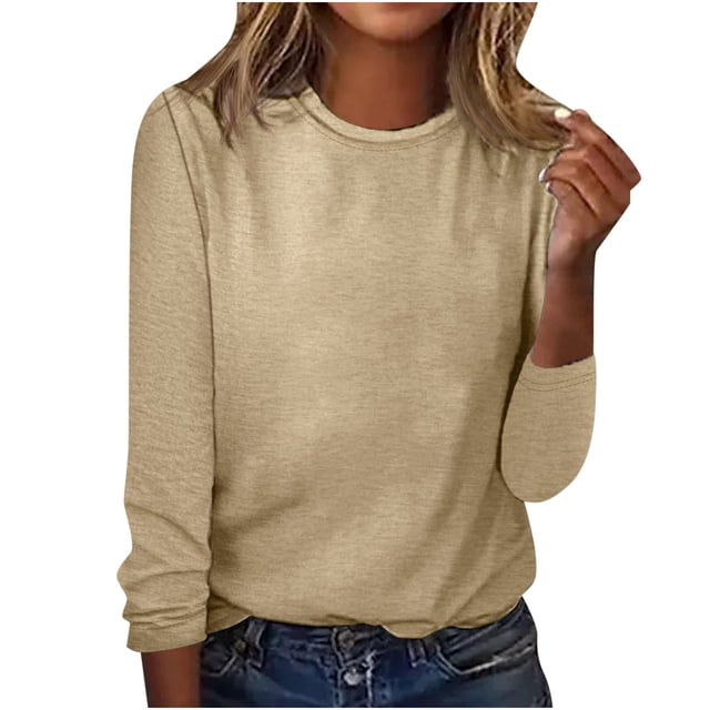 AherBiu T-Shirts à Manches Longues pour Femmes Col Rond Tendance Basique Ample Confortable Couleur Unie