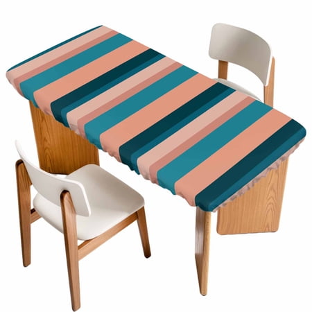 Blue Pink Striped Table Cloths for 6 Foot Rectangle Tables Farmhouse Stripe Patio Waterproof Elastic Fitted Tablecloths Washable Rectangular Table Cover for Camping