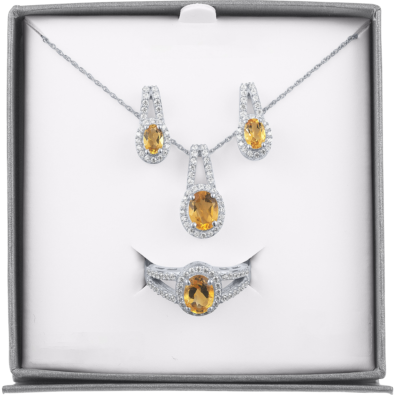 Brilliance Fine Jewelry Citrine and CZ Earring, Pendant and Ring, 3-Piece Set