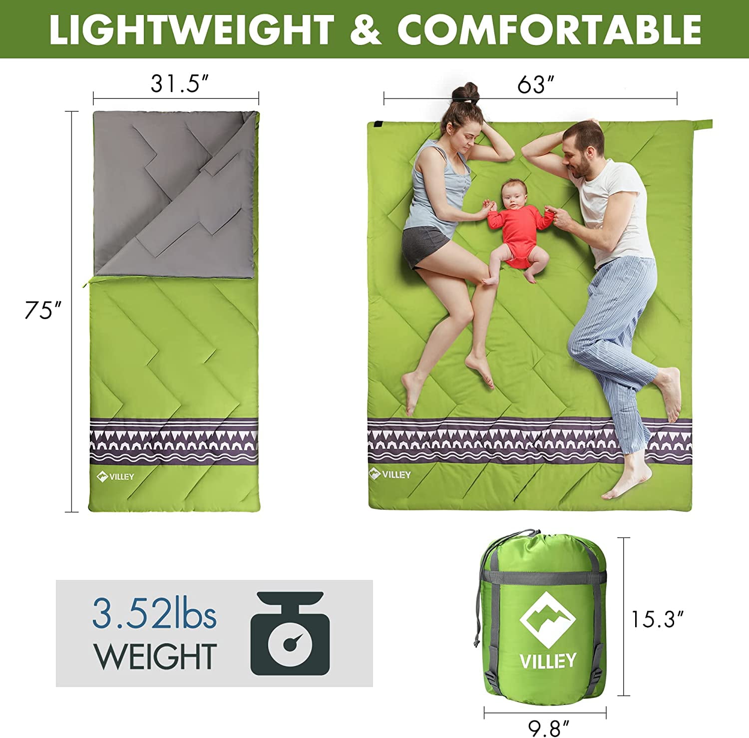 Camping Sleeping Bag with Compression Sack, Lightweight 3-Season Sleeping Bag for Adults & Kids, for Hiking, Backpacking, Spring Summer Fall Use