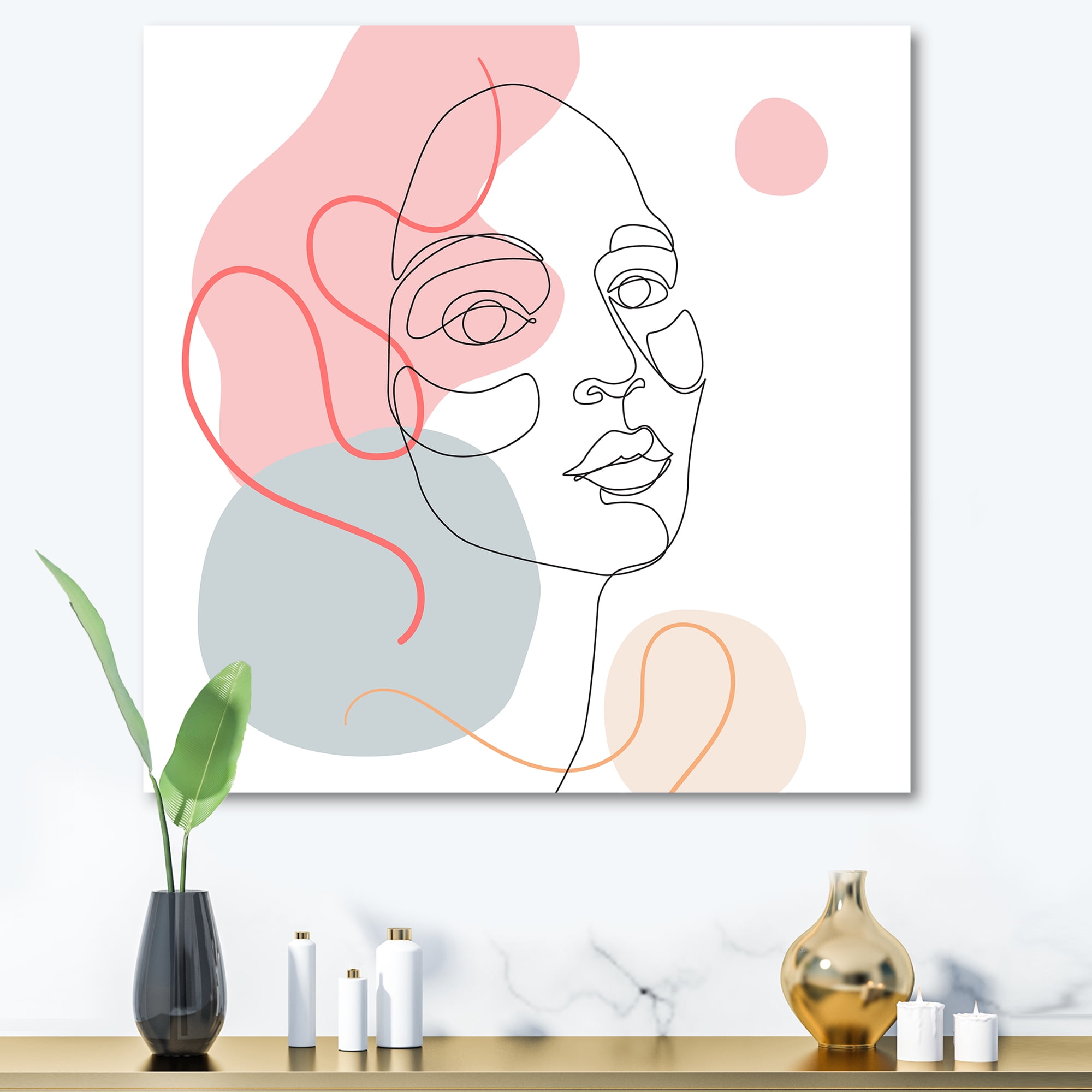 One Line Drawing of Young Girl In Pastel Tones 36 in x 36 in Painting Canvas Art Print, by Designart