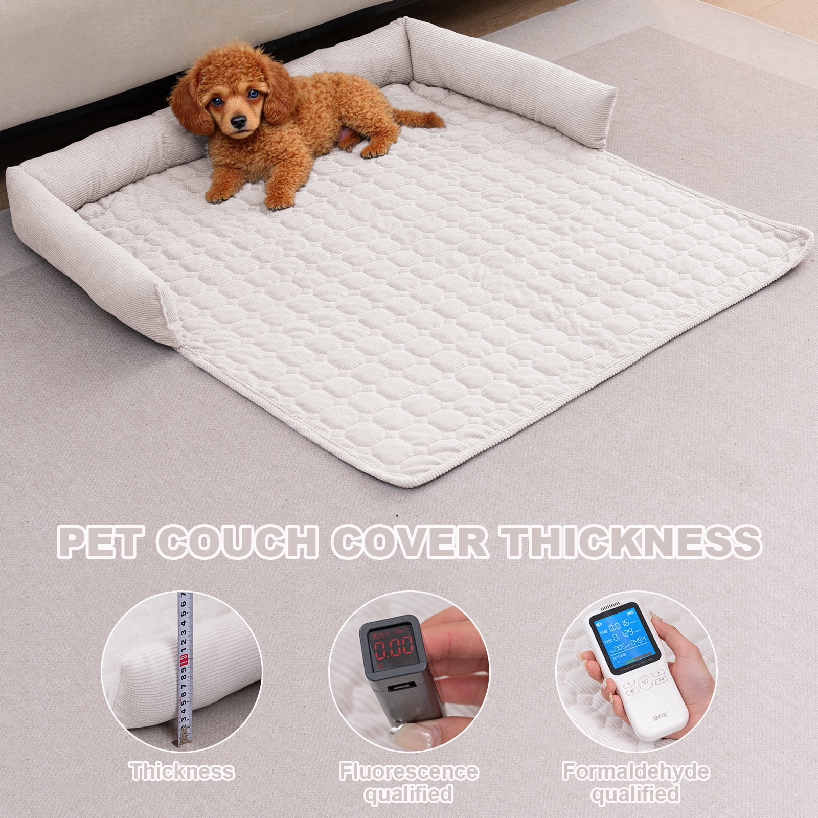 Eurhowing Dog Couch Cover 30"x30", Corduroy Dog Bed Mat for Couch with 3 Side Dog Pillow, Washable Sofa Cover Pet Furniture Protector for Dogs&Cats, Off-White