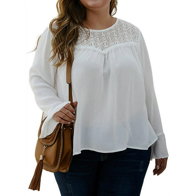 KVMeteor T-Shirts à Col Rond en Dentelle Chiffon pour Femmes Grande Taille Blouse Tops