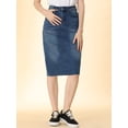 thumbnail image 5 of MODA NOVA Juniors Solid Elastic High Waist Back Vent Knee Length Denim Skirt, 5 of 6