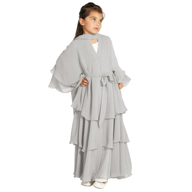 Vestido Abaya IDOPIP para niñas musulmanas de chifón gris de 9 a 10 años con hiyab