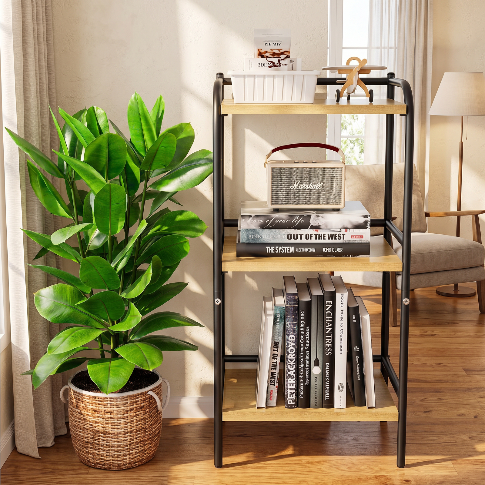 Fenbeli 3-Tier Industrial Bookshelf, Beige Wood and Black Metal Bookcase, Compact Storage Shelf for Living Room Office Kitchen and Small Spaces