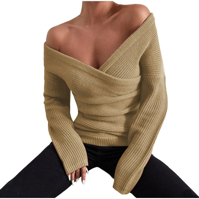 Long Sleeve Sweaters for Women Womens Tops Long Sleeve Womens Fashion Solid Color Long Sleeve V-Neck Off-The-Shoulder Fallow Sweater Womens Long Sleeve Tops Long Sleeve Womens Tops
