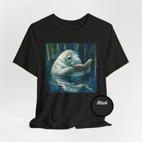 Manatee Reading Book Unisex Tee Shirt, Animal Lover Gift, Cute Bookworm Graphic T-Shirt