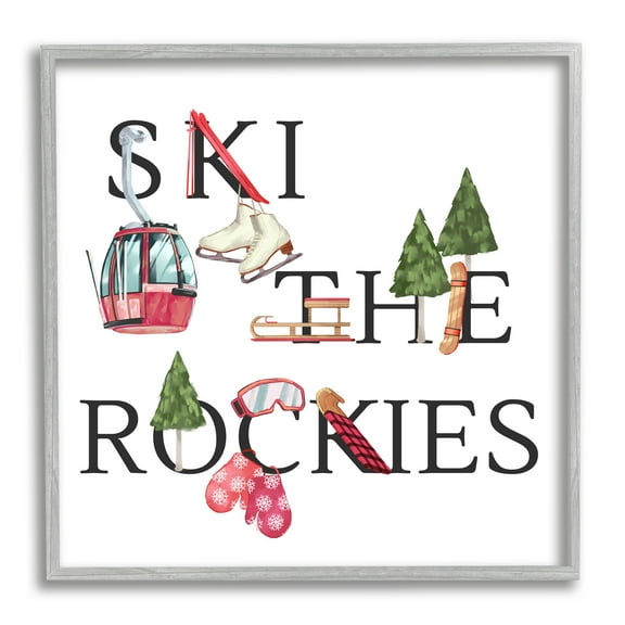 Stupell Industries Ski The Rockies Winter Seasonal Sports Phrase Sports Painting Gray Framed Art Print Wall Art, 24 x 24