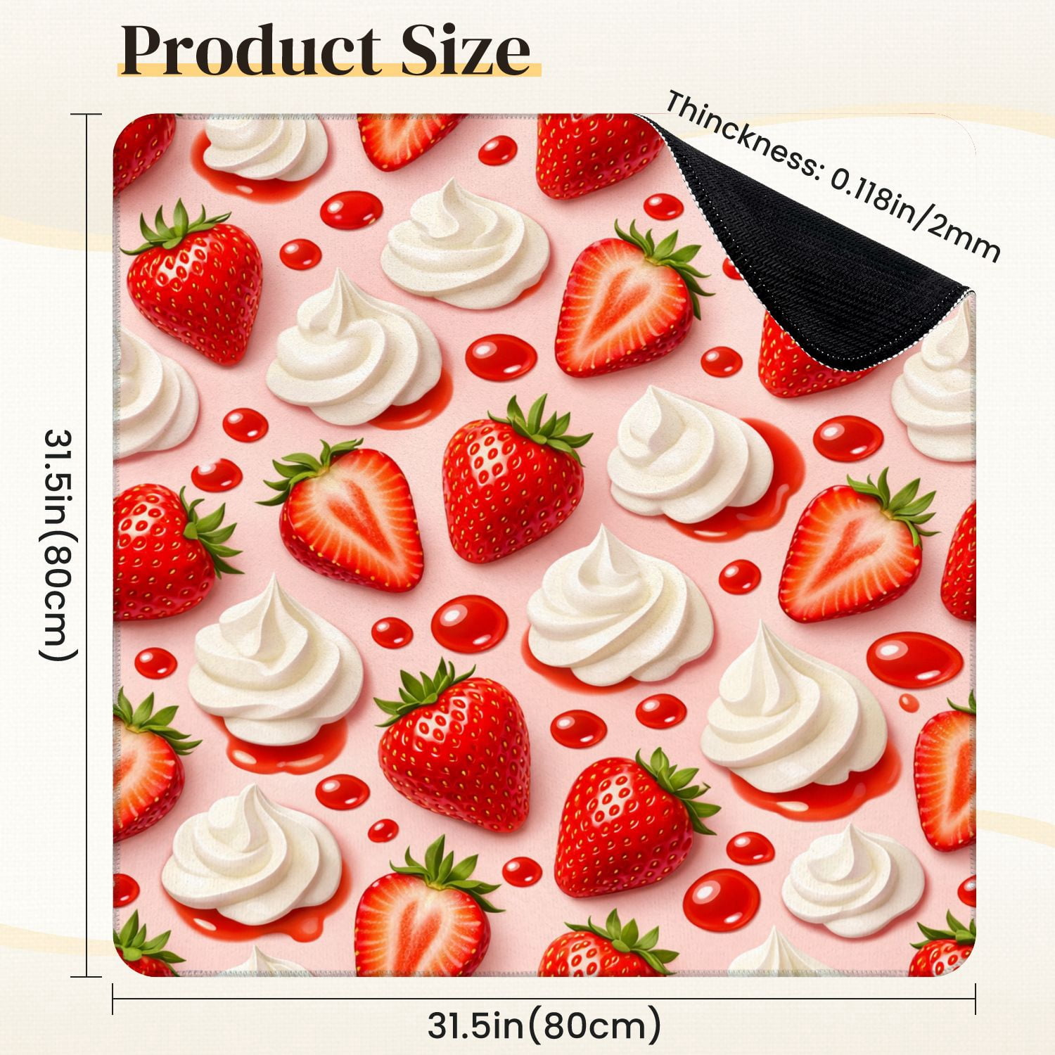 Mahjong Mat 31.5" x 31.5" Seamless Fresh Red Strawberries Whipped Cream Anti-Slip and Noise Reduction Symmetry Design Mahjong Tiles Table Cover for Dominoes Poker Card Board and Tile Games