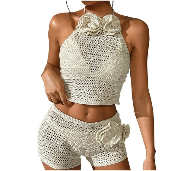Women Summer 2 Piece Outfits Crochet Hollow Out Halter Top and Shorts 2025 Beach Vacation Outfits