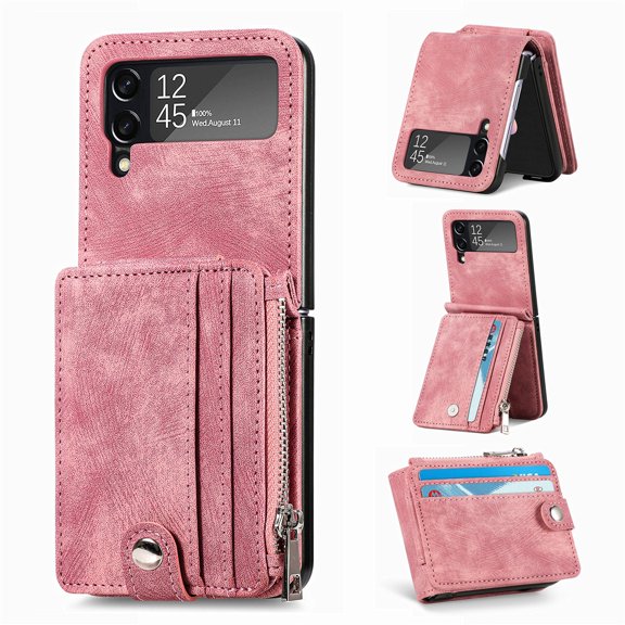Dteck Galaxy Z Flip 4 Wallet Case with Card Holder【2 in 1 Detachable】【Zipper Wallet】, Slim Fit Retro PU Leather Protective Flip Phone Cover for Samsung Galaxy Z Flip 4 5G 2022, Pink