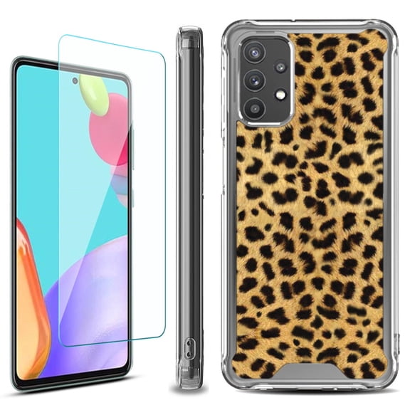 Shockproof Bumper Phone Case for Samsung Galaxy A53 5G, with Tempered Glass Screen Protector, by OneToughShield ® - Cheetah Gold/Black