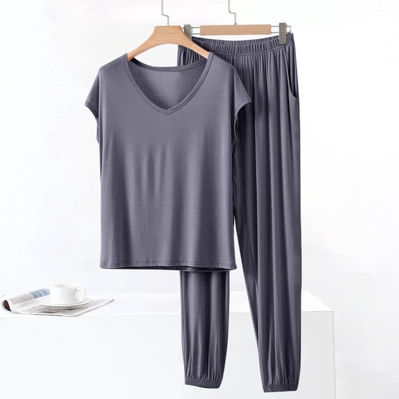 QUNYINEY Soft Woman Pajama Set Cotton Gray Short Sleeve 2 Piece Top And Pants V Neck Casual Ladies Loungewear Sets