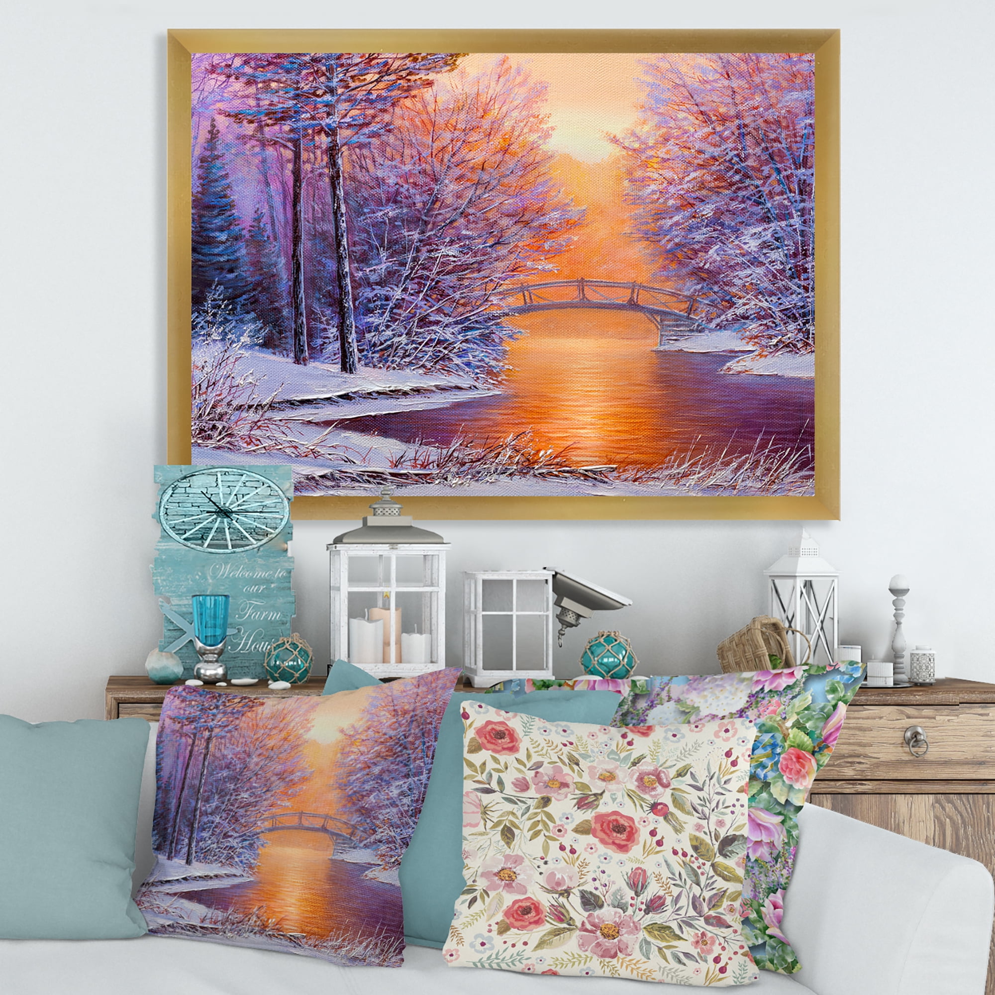 Designart 'Winter Landscape With Bridge Over The River' Traditional Framed Art Print