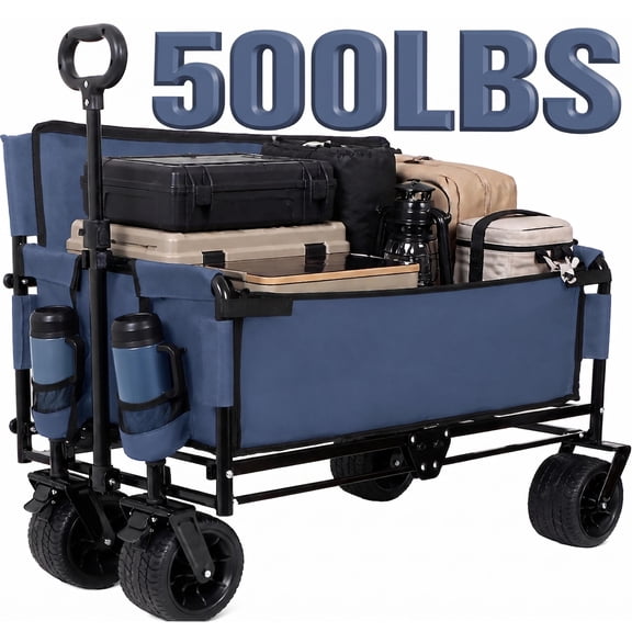 500lbs Heavy Duty 3-in-1 Convertible Folding Wagon with Bench Seat, 180l Capacity Steel Frame Utility Cart, All-Terrain Wheels Collapsible Wagon for Outdoor Events & Garden, Blue