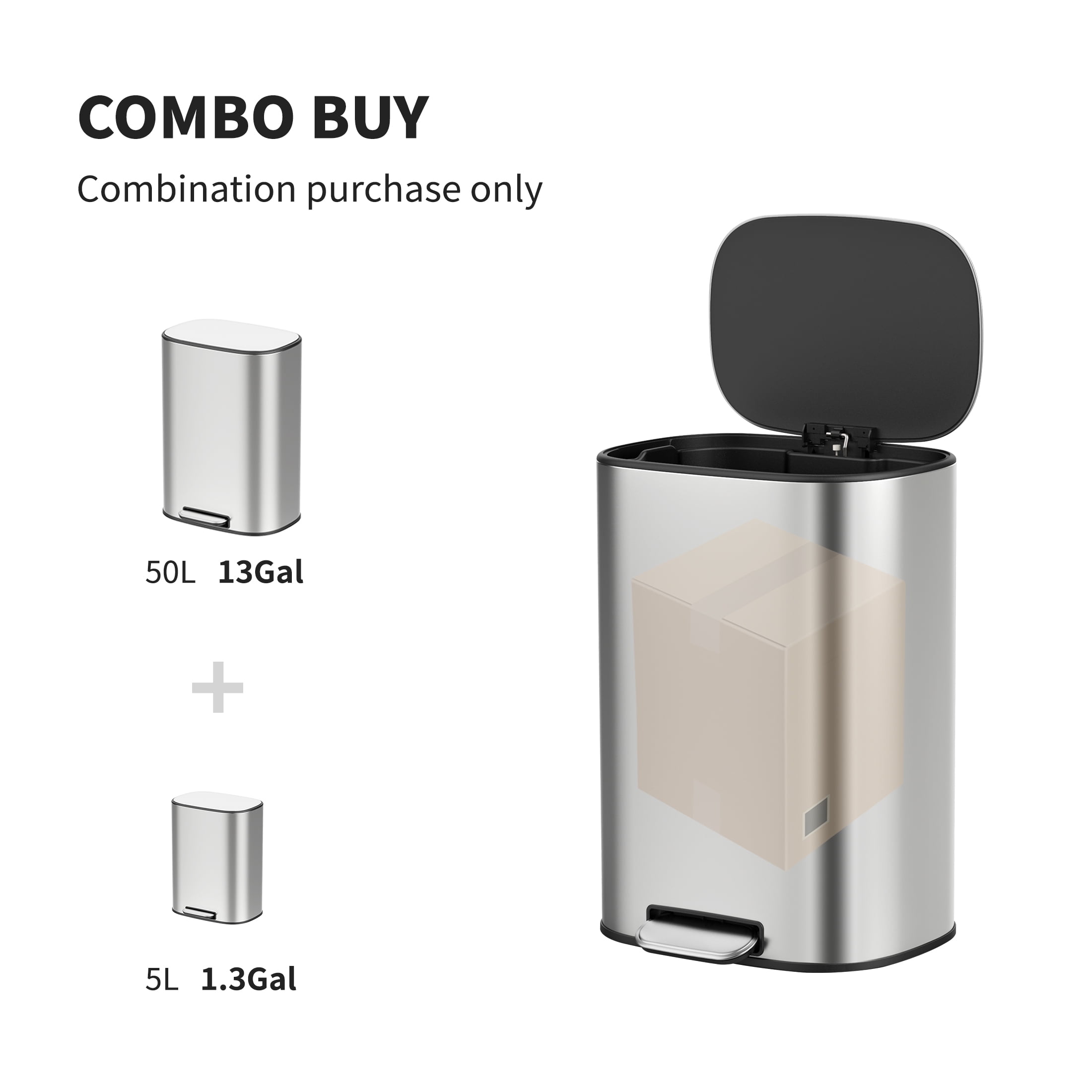 BinMax 1.3 and 13 Gallon Trash Can Set for Kitchen and Bathroom, Stainless Steel, 2 Count
