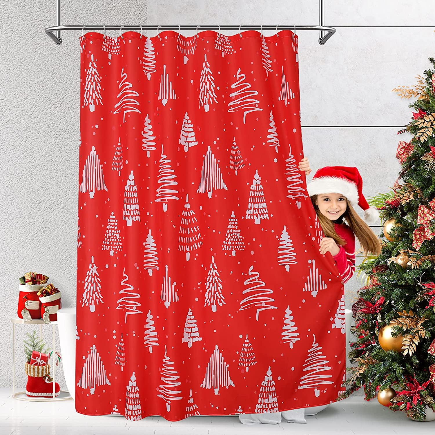 SPXUBZ Christmas Shower Curtain Set, Red Xmas Shower Curtain, White