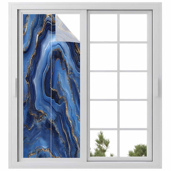 Navy Blue Marble Window Privacy Film, Contemporary Ink Painting Abstract Static Cling UV Sun Blocking Heat Control Window Tint Day and Night, Non-Adhesive One Way Windows Privacy Cover 29.5''x78.7''