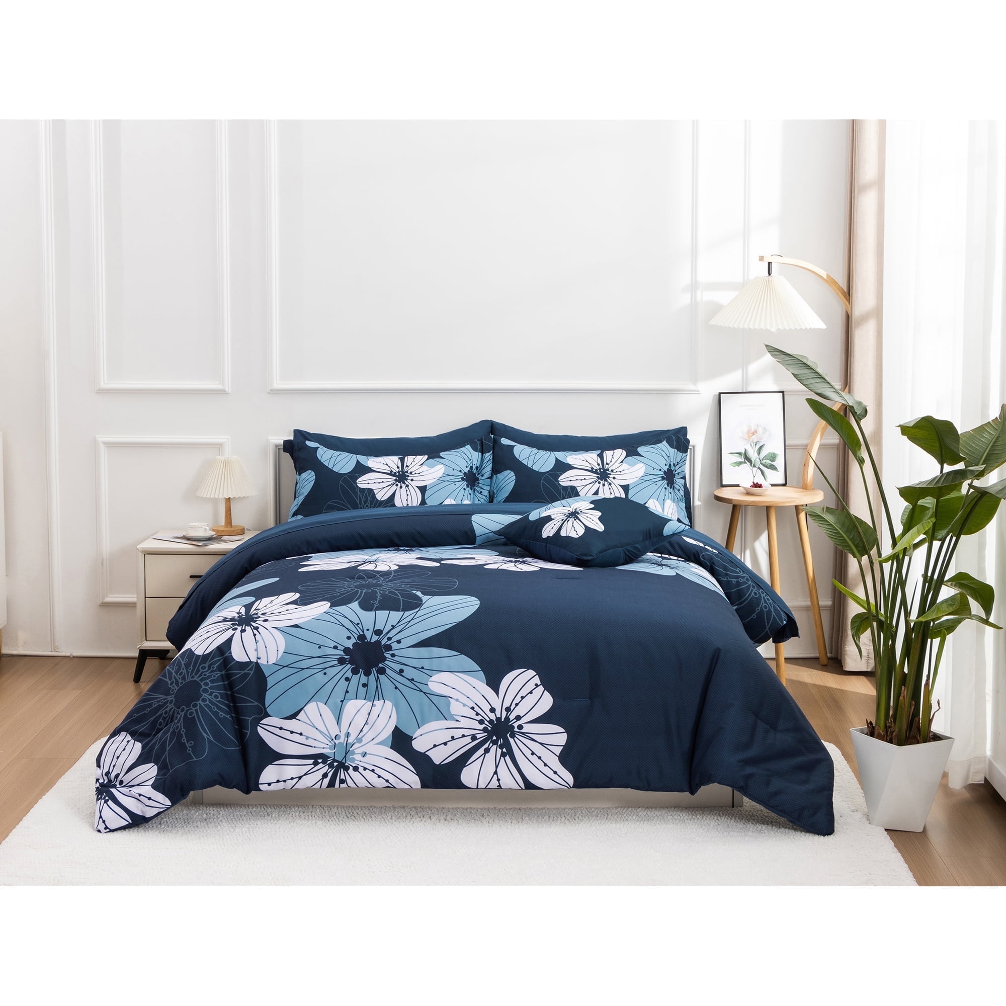 Btargot 6 Piece Navy Comforter Sets King Adult Floral Bedding Set Botanical Boho Flower Bed-in-a-Bag