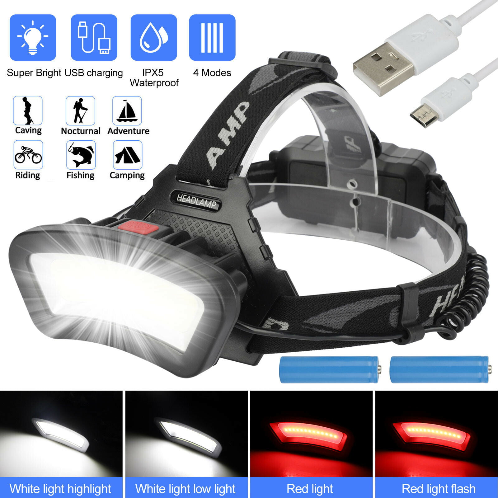50000LM COB LED Headlamp USB Rechargeable Headlight Fishing Lamp Head Torch 