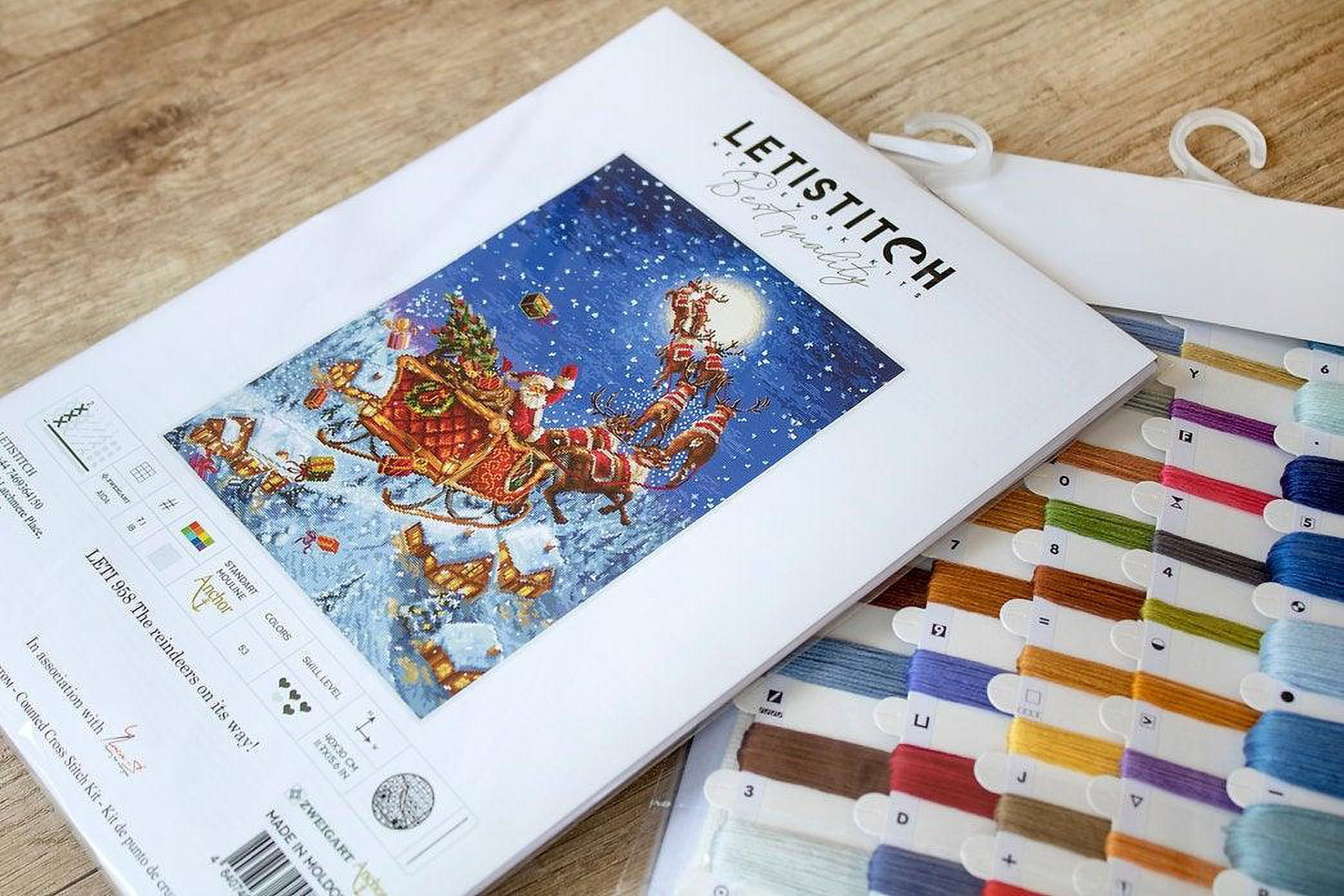 Counted Cross Stitch Kit The Reindeers On Their Way! Leti958 Needlework Blue Red Christmas By LetiStitch