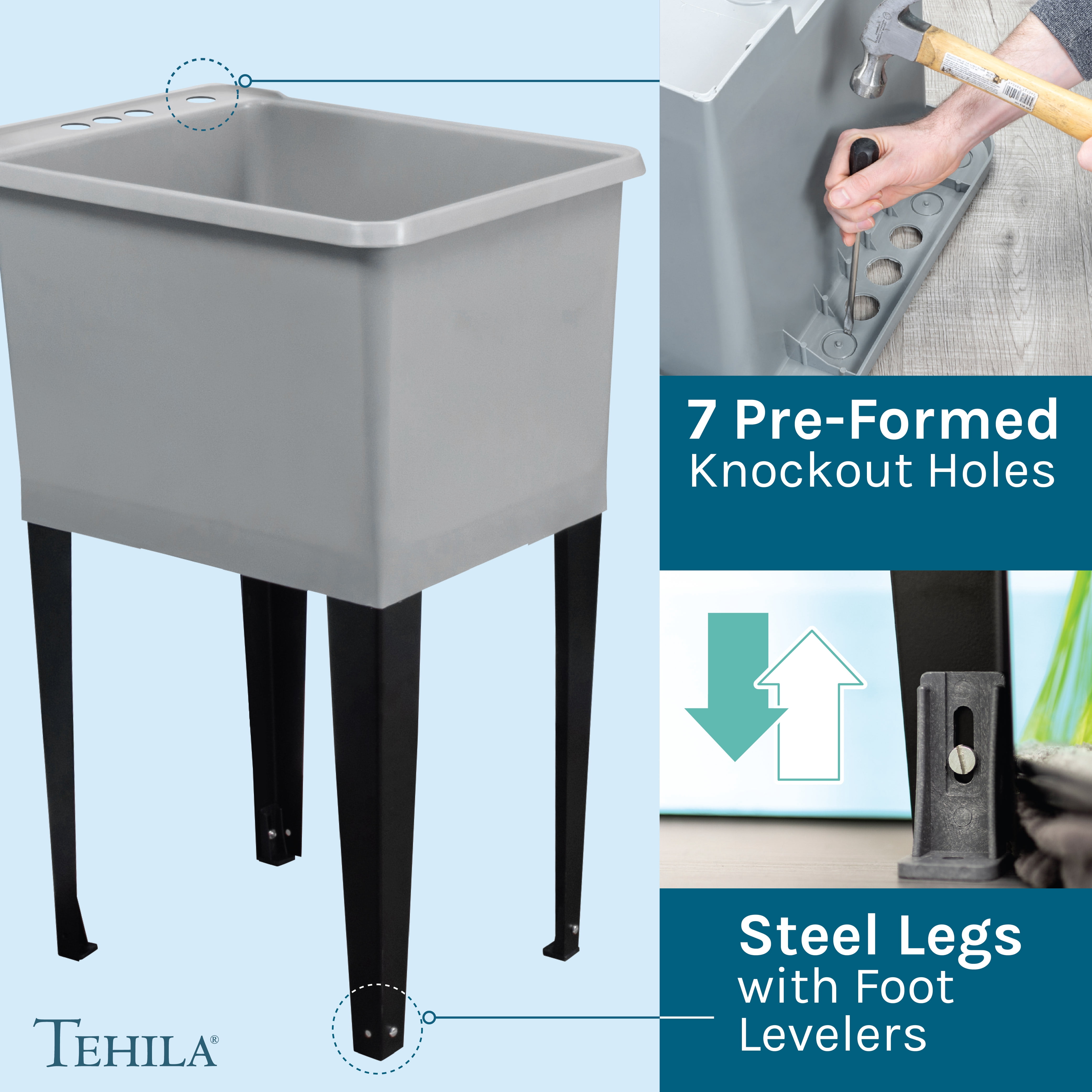 TEHILA Space Saver 16 Gallon Grey Utility Sink with Black Pull-Down Faucet with Pause Mode