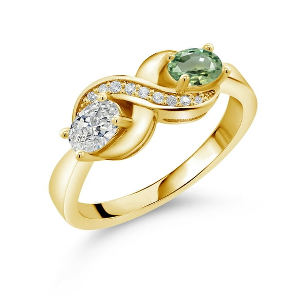 Gem Stone King 18K Yellow Gold Plated Silver Lab Grown Diamond and Green Sapphire and White Created Sapphire Infinity Promise Ring for Women | 1.04 Cttw | Oval 6X4MM | Gemstone Birthstone | Size 6