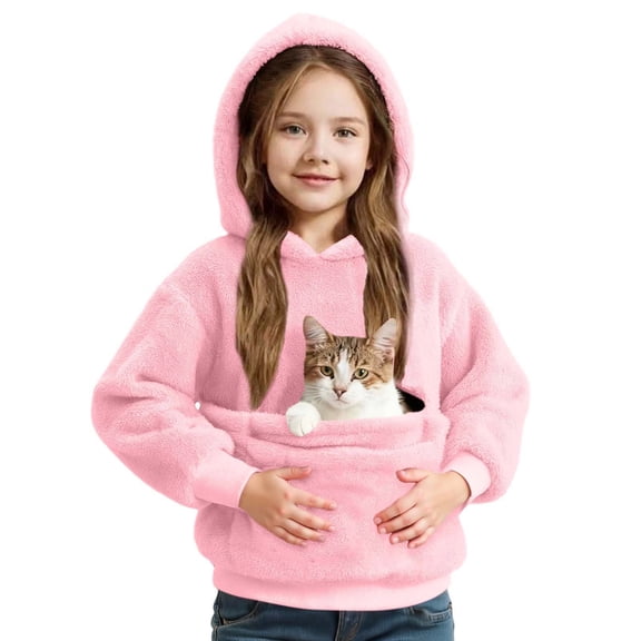 Pink Fuzzy Hooded Sweatshirt for Girls with Unique Cat Pocket and Soft, Warm Fabric