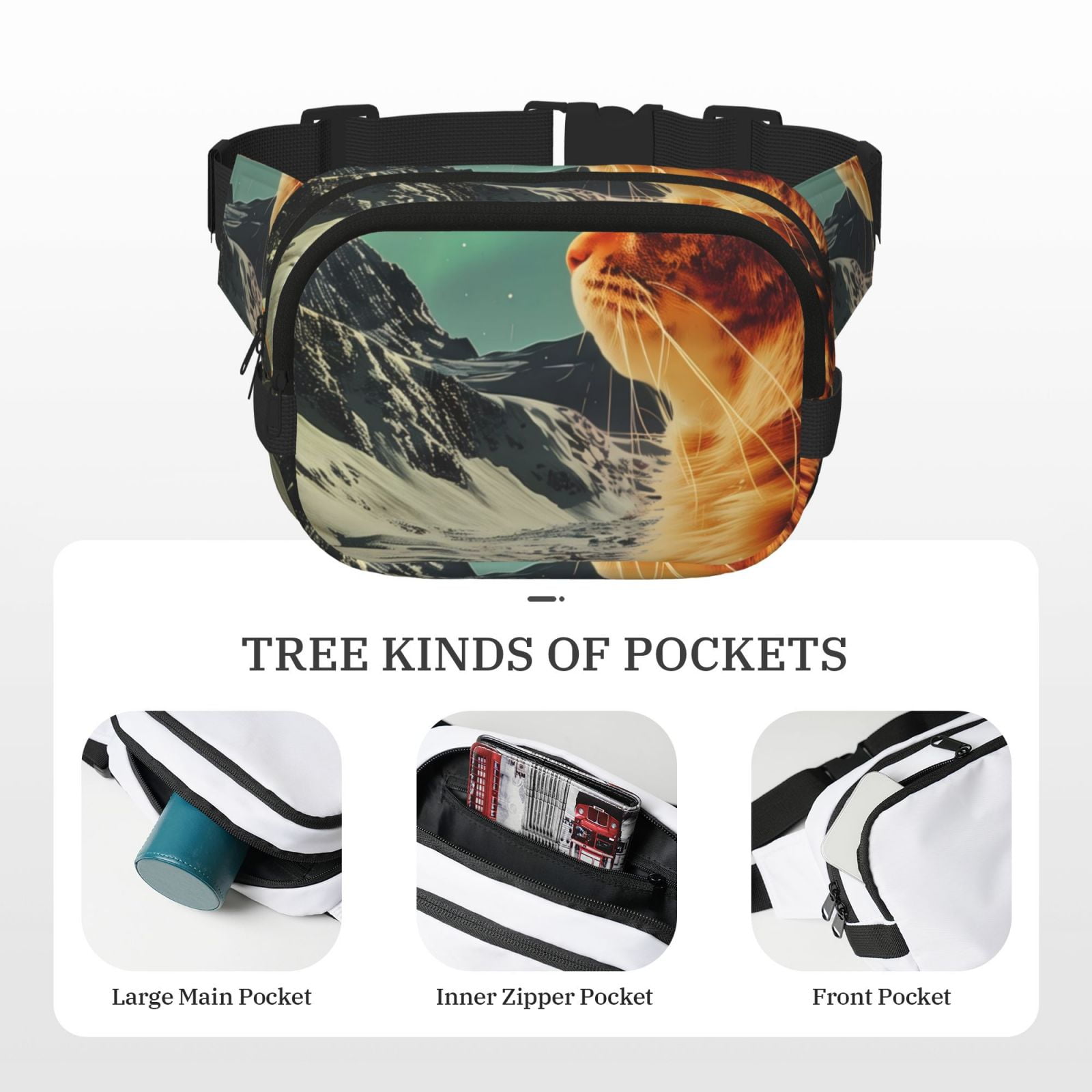 Picia Space Adventurer Cat Print Square Double-Layer Waist Bag Mini Adjustable Waist Belt Bag Exercise Running Travel Hiking