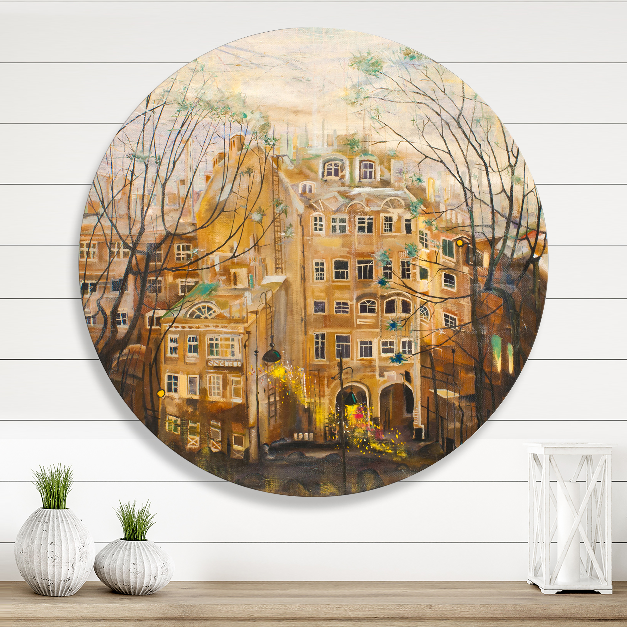 Designart 'Russian City Yard Landscape' Traditional Circle Metal Wall Art 23x23 - Disc of 23