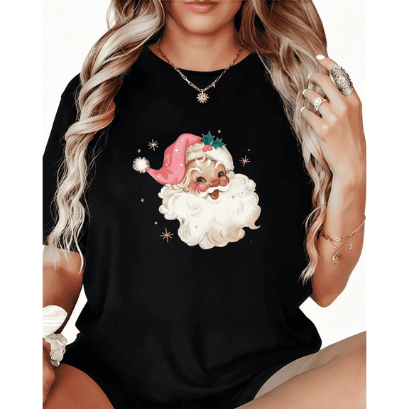 Women's White Print T-Shirt Graphic Tee Vintage Pink Santa with Holly & Sparkles Festive Holiday Casual Tops S-5XL