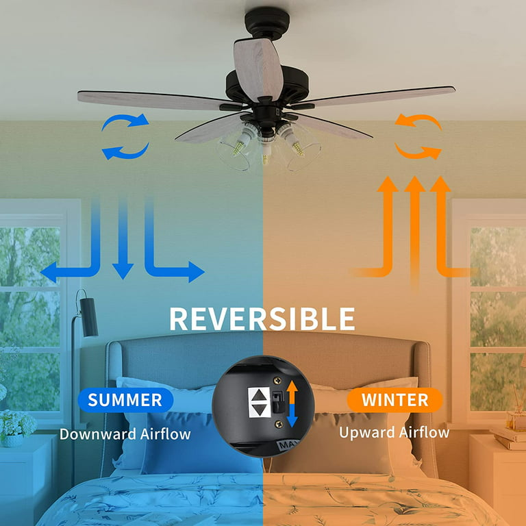 DEXTRUS 52'' Farmhouse Ceiling Fan with Light and Remote, with Clear Seeded  Glass Light Kit, Quiet Reversible Motor, 5 Blades,3 Speed, Timer, Oak &  Black 