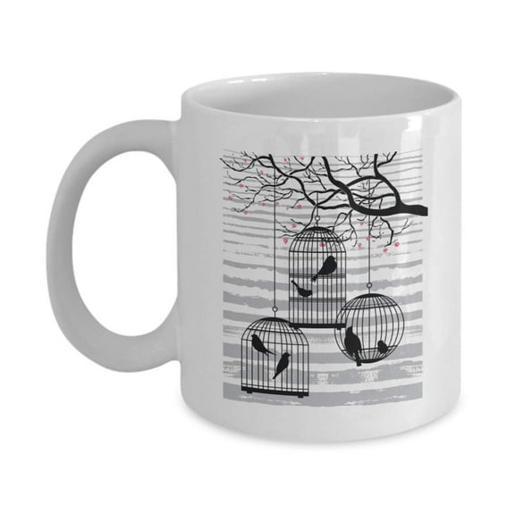 Silhouette Of Birds In Hanging Cages Bird-watching Themed Coffee & Tea Gift Mug For Men & Women Bird Lovers
