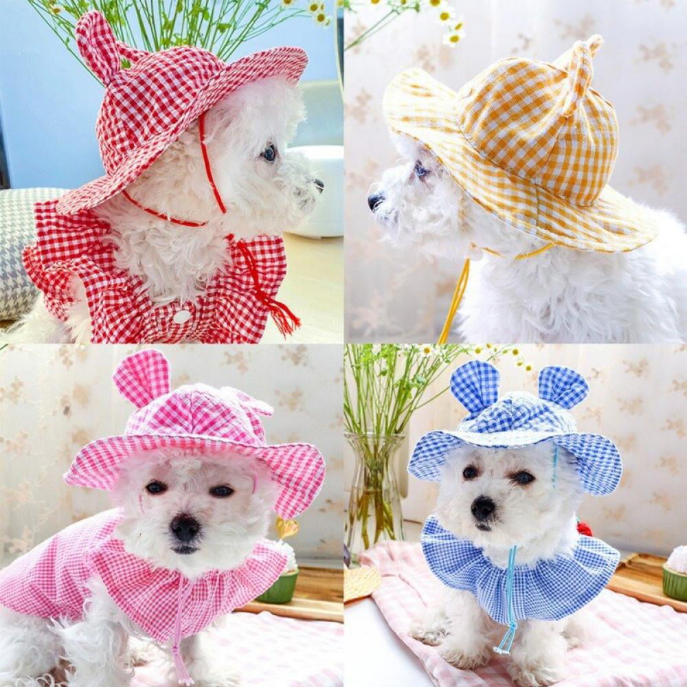 Promotion!Summer Lovely Bear\'s Ear Pet Dog Hat Lattice Dogs Caps For Small  Medium Dogs Cats Adjustable Puppy Kitten Hats Pet Accessories Chihuahua 